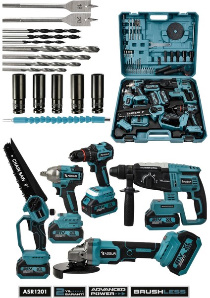 21V Darbeli Kömürsüz 5'li Set Kırıcı Delici Hilti - Taşlama - Somun Sıkma Sökme - Matkap - Budama Testeresi