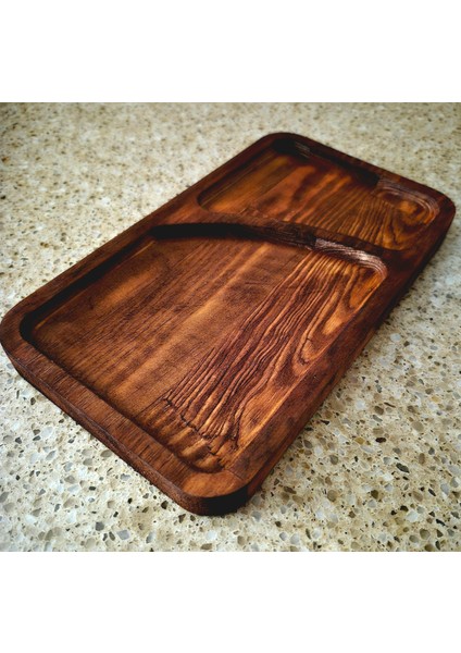 Iki Bölmeli Ahşap Sunum Tahtası - 23 x 13 cm - Koyu Kahverengi