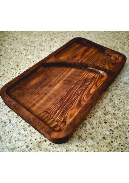 Iki Bölmeli Ahşap Sunum Tahtası - 23 x 13 cm - Koyu Kahverengi