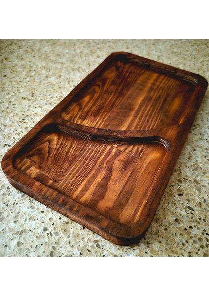 Iki Bölmeli Ahşap Sunum Tahtası - 23 x 13 cm - Koyu Kahverengi