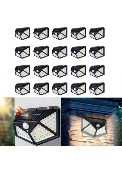 20 Adet Güneş Enerjili Duvar Lambası - Solar 100 LED Işık 3 Modlu Hareket Sensörlü Bahçe Aydınlatma