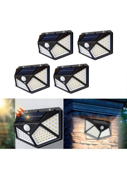 4 Adet Güneş Enerjili Duvar Lambası - Solar 100 LED Işık 3 Modlu Hareket Sensörlü Bahçe Aydınlatma