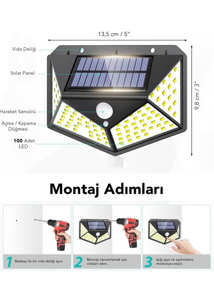 1 Adet Güneş Enerjili Duvar Lambası - Solar 100 LED Işık 3 Modlu Hareket Sensörlü Bahçe Aydınlatma