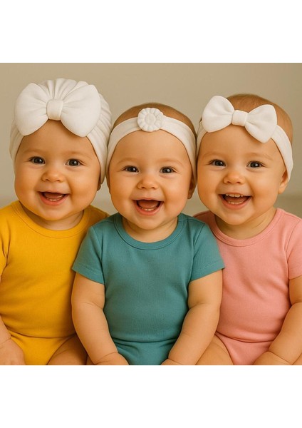 Kız Bebek Beyaz Fiyonklu Bone Bandana 3lü Set
