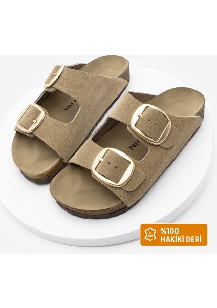 Kadın Hakiki Deri Günlük Terlik Çift Bantlı Olive Süet Eva Taban Terlik Poli
