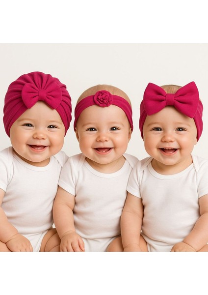 Kız Bebek Fuşya Pembe Fiyonklu Bone Bandana 3lü Set