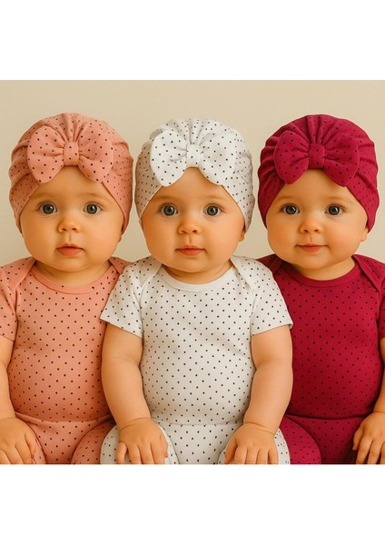 Fiyonklu Renkli Puantiyeli Bebek Bone 3'lü Set