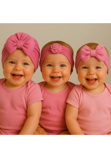 Kız Bebek Pembe Fiyonklu Bone Bandana 3lü Set