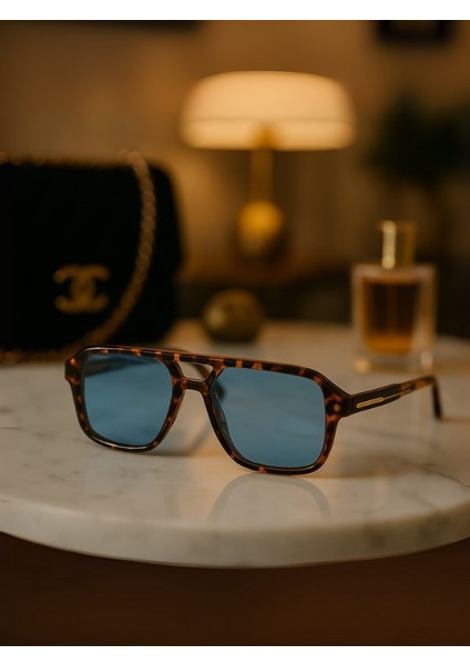 Thor Unisex Leopar Çerçeveli Mavi Dinlendirici Camlı Erkek Güneş Gözlüğü Retro Stil