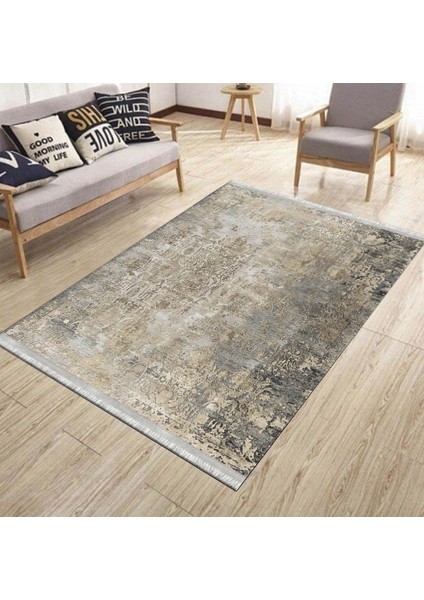 Bej Krem Halı Kaymaz Tabanlı Kilim Makinede Yıkanabilir Dot Tabanlı Salon Halısı 5115B