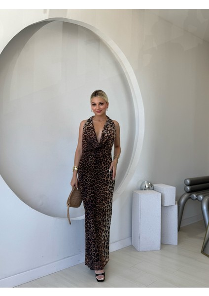 Degaje Yaka Leoparlı Tül Elbise