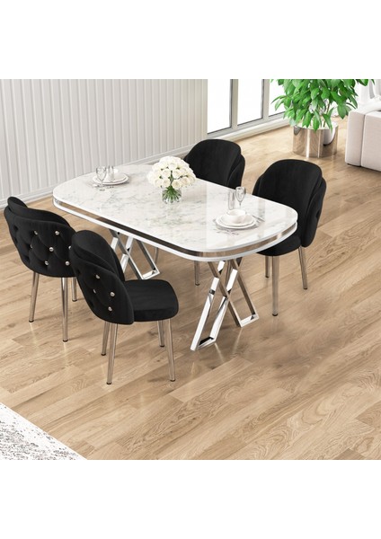 Zae Serisi 90X168 Lak Panel Beyaz Mermer Desen Krom Ayak Masa Takımı 4 Siyah Sandalye