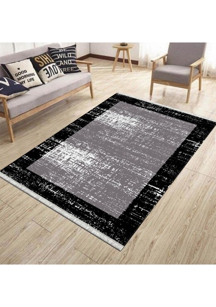 Siyah Çerçeveli Kaymaz Tabanlı Kilim Makinede Yıkanabilir Dot Tabanlı Salon Halısı 5169C