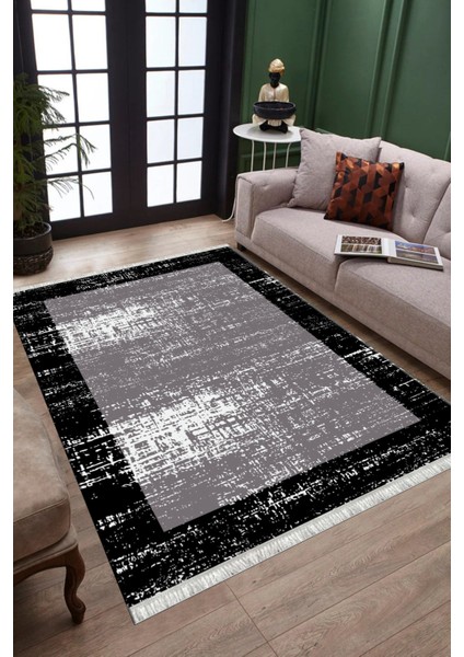 Siyah Çerçeveli Kaymaz Tabanlı Kilim Makinede Yıkanabilir Dot Tabanlı Salon Halısı 5169C modelleri