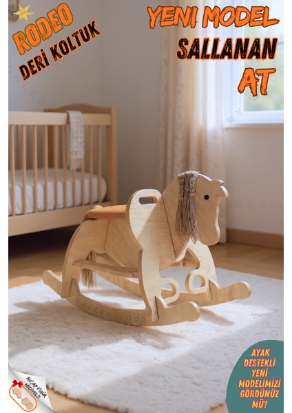 Ahşap Sallanan At-Deri Koltuklu-Ayak Destekli-(Yeni Model)