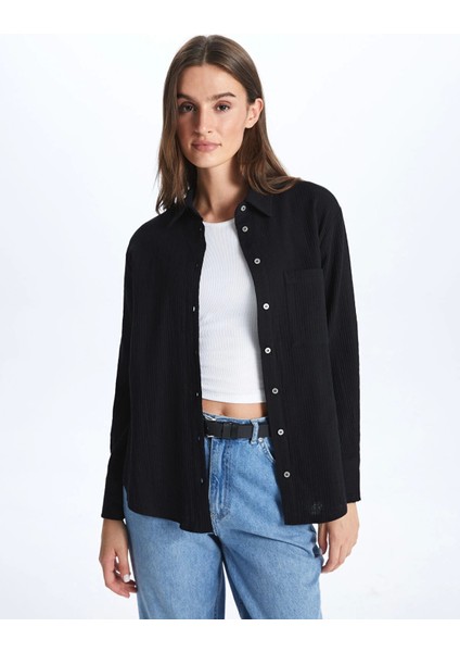 Lcw Vision Siyah Düz Uzun Kollu Müslin Kadın Gömlek