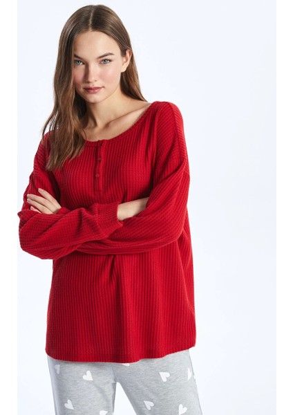 Lcw Dream Kirmizi Bisiklet Yaka Düz Uzun Kollu Kadın Pijama Üst
