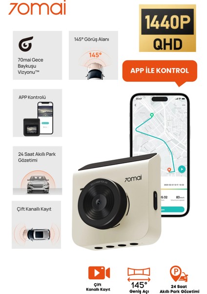 A400 Dashcam 1440P Quad Hd 2k 145° Açılı Gece Görüşlü Araç Kamerası Bej