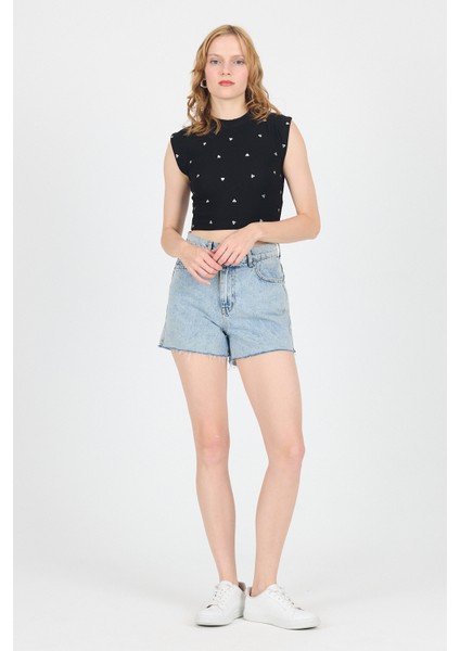 Siyah Gümüş Kalp Detaylı Crop Tişört 2499 modelleri