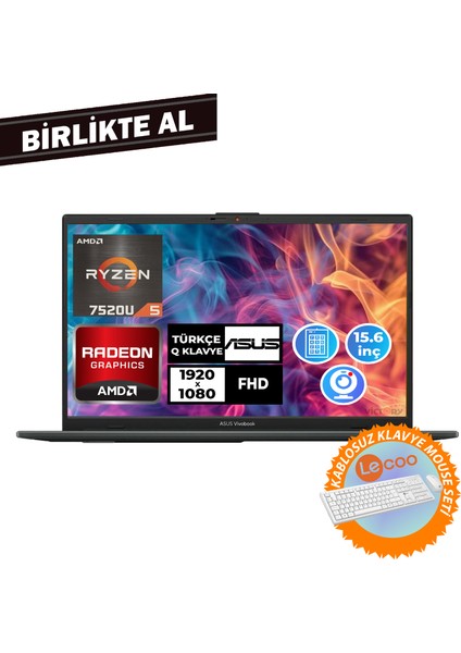 Vivobook Go 15 Ryzen 5 7520U 16GB 512GB SSD 15.6" Fdos Taşınabilir Bilgisayar+Kablosuz Klavye Mouse E1504FA-NJ1465 016 fiyatları