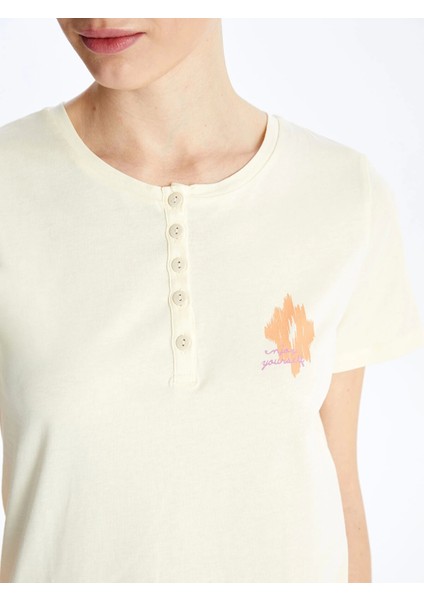 Lcw Dream Ekru Bisiklet Yaka Baskılı Kısa Kollu Kadın Pijama Takımı modelleri