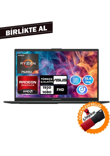 Vivobook Go 15 Ryzen 5 7520U 16GB 512GB SSD 15.6" Freedos Taşınabilir Bilgisayar+ 128GB Flash Disk E1504FA-NJ1465 014 fiyatları