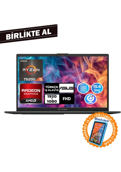 Vivobook Go 15 Ryzen 5 7520U 16GB 512GB SSD 15.6" Windows 11 Pro Taşınabilir Bilgisayar + 10.1" Tablet E1504FA-NJ1465 033 fiyatları