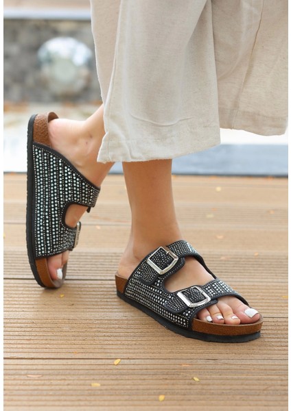 Monte Siyah Nubuk Boncuk Işlemeli Terlik modelleri