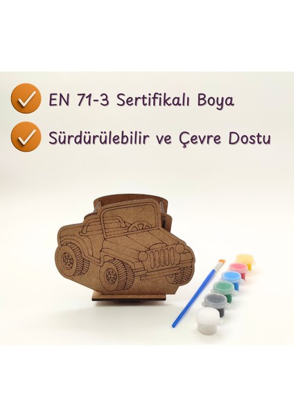 Ahşap Araba Figürlü Kalemlik Boyama Seti –okul Öncesi Kendin Yap Etkinlik Seti, Boya ve Fırça Dahil