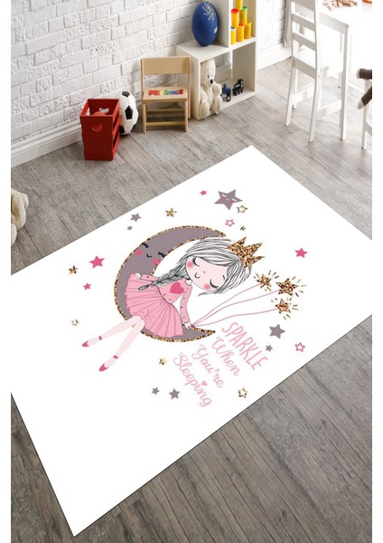 Prenses Desenli Pembe Kaymaz Taban Makinede Yıkanabilir Dot Tabanlı Çocuk Halısı 10008A modelleri