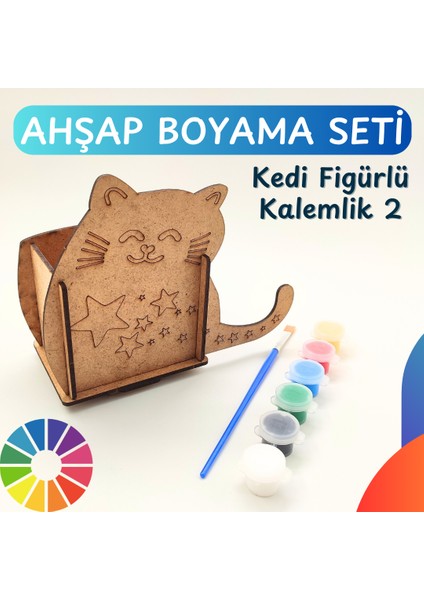 Montessori Ahşap Kedi Tasarımlı Kalemlik Boyama Seti – Kendin Yap Aktivite, Fırça ve Boya Dahil