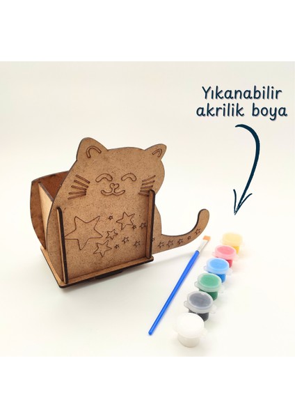 Montessori Ahşap Kedi Tasarımlı Kalemlik Boyama Seti – Kendin Yap Aktivite, Fırça ve Boya Dahil