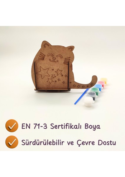 Montessori Ahşap Kedi Tasarımlı Kalemlik Boyama Seti – Kendin Yap Aktivite, Fırça ve Boya Dahil