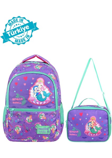 Lisanslı Deniz Kızı Deri Nakış Desenli Kız Çocuk Ilkokul Sırt Çantası ve Beslenme Çantası