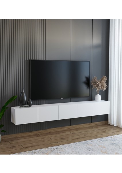 Subahome 200 cm Mdf 5 Kapaklı Dolaplı Minimalist Beyaz Duvara Monte Tv Ünitesi – Şık ve Fonksiyonel Tasarım