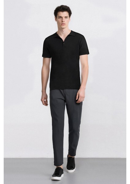 %100 Pamuk Keten Görünümlü Pantolon Beli Lastikli Slim Fit Dar Kesim Cepli Düz Paça