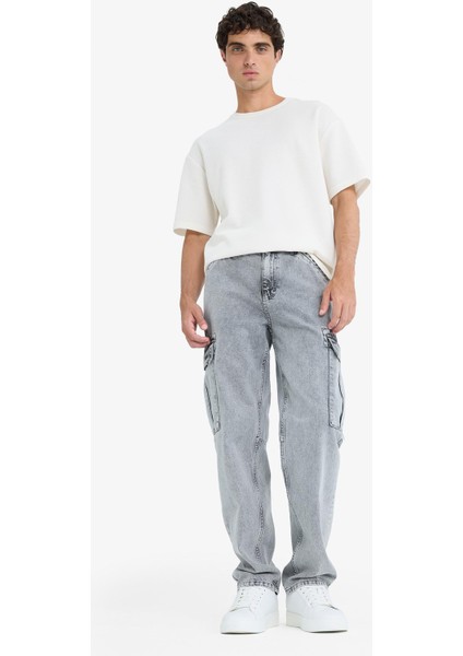 %100 Pamuk Relax Fit Rahat Kesim Kargo Cepli Geniş Paça Jean Pantolon D7263AX25SP