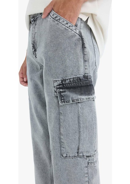 %100 Pamuk Relax Fit Rahat Kesim Kargo Cepli Geniş Paça Jean Pantolon D7263AX25SP