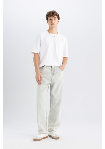 %100 Pamuk Baggy Fit Geniş Kalıp Normal Bel Geniş Paça Jean Pantolon D6468AX24AU fiyatları