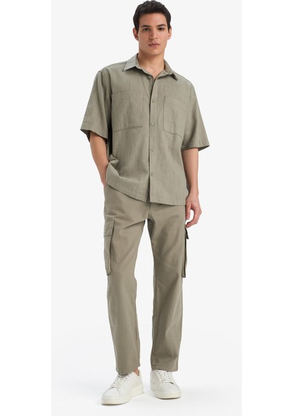 %100 Pamuk Wide Leg Bol Rahat Kesim Kargo Cepli Keten Görünümlü Yazlık Pantolon B9407AX25SP