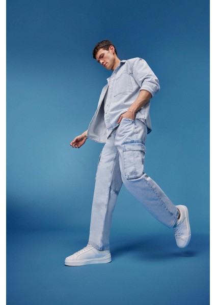 %100 Pamuk Relax Fit Rahat Kesim Geniş Paça Kargo Cepli Jean Pantolon D7274AX25SP