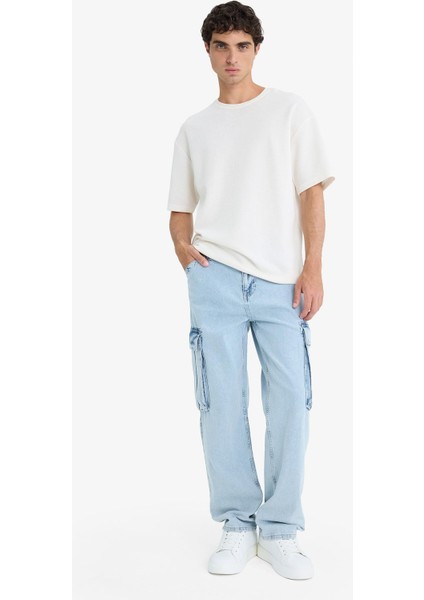 %100 Pamuk Relax Fit Rahat Kesim Geniş Paça Kargo Cepli Jean Pantolon D7274AX25SP fırsatları