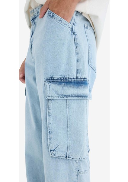 %100 Pamuk Relax Fit Rahat Kesim Geniş Paça Kargo Cepli Jean Pantolon D7274AX25SP