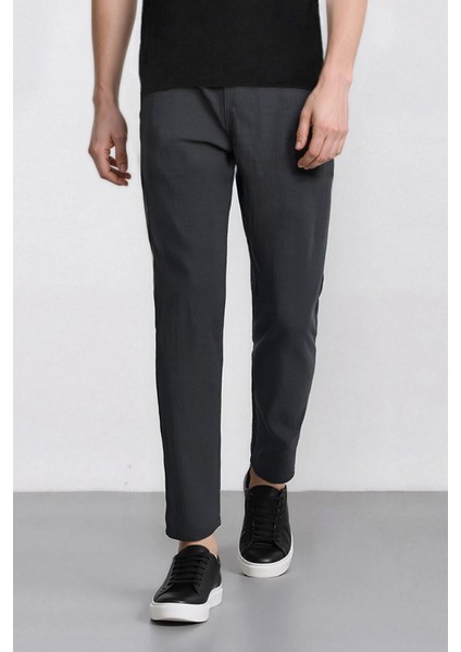 %100 Pamuk Keten Görünümlü Pantolon Beli Lastikli Slim Fit Dar Kesim Cepli Düz Paça