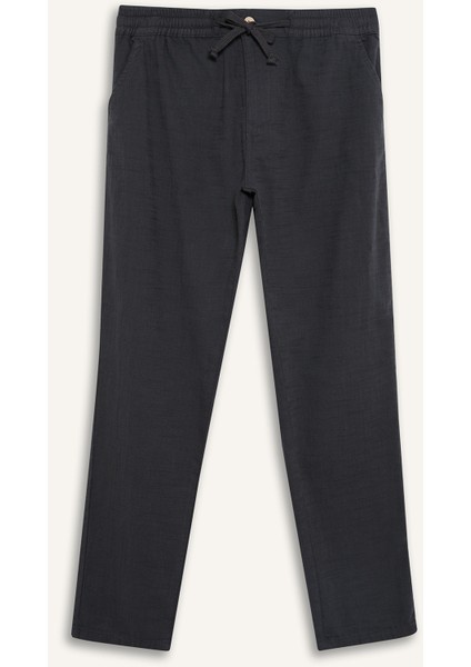 %100 Pamuk Keten Görünümlü Pantolon Beli Lastikli Slim Fit Dar Kesim Cepli Düz Paça