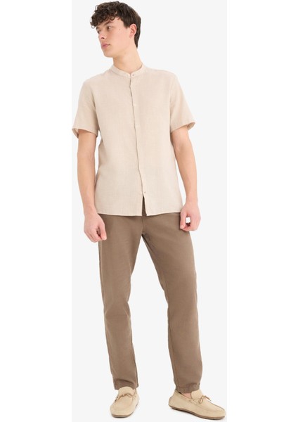 %100 Pamuk Keten Görünümlü Pantolon Beli Lastikli Slim Fit Dar Kesim Cepli Düz Paça D2671AX25SM modelleri