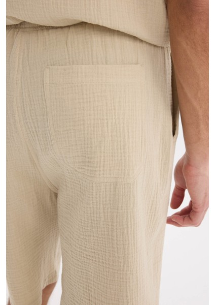 %100 Pamuk Relax Fit Müslin Cepli Basic Düz Bermuda Şort C7589AX25SM