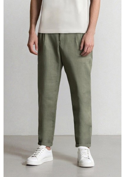 %100 Keten Normal Kesim Crop Duble Paça Yazlık Kumaş Pantolon C1826AX25SM