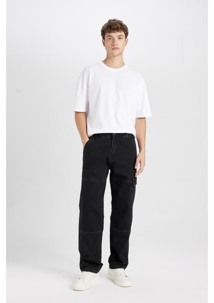 %100 Pamuk Wide Leg Fit Geniş Kalıp Normal Bel Geniş Paça Kargo Cepli Siyah Jean Pantolon B4638AX24AU modelleri