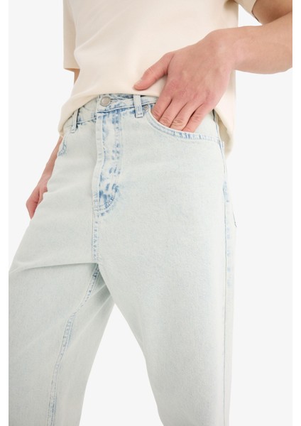 %100 Pamuk Baggy Fit Geniş Kalıp Normal Bel Düz Paça Jean Yıkamalı Pantolon D7317AX25SP